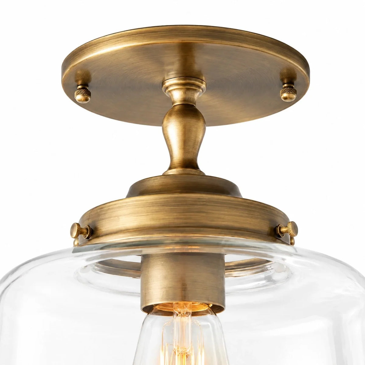 Vintage Brass Glass Schoolhouse Semi Flush Ceiling Light