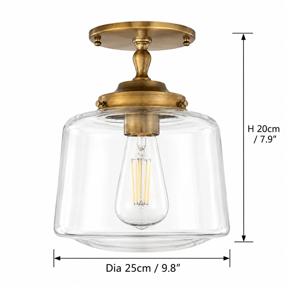 Vintage Brass Glass Schoolhouse Semi Flush Ceiling Light
