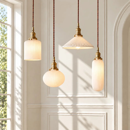 Vintage Brass Pleated Ceramic Pendant Light