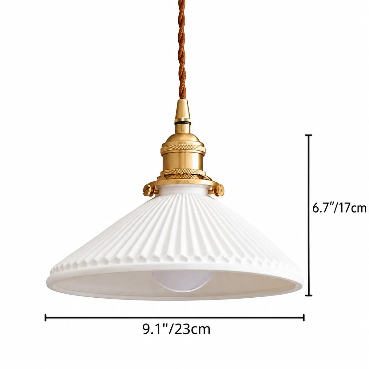 Vintage Brass Pleated Ceramic Pendant Light