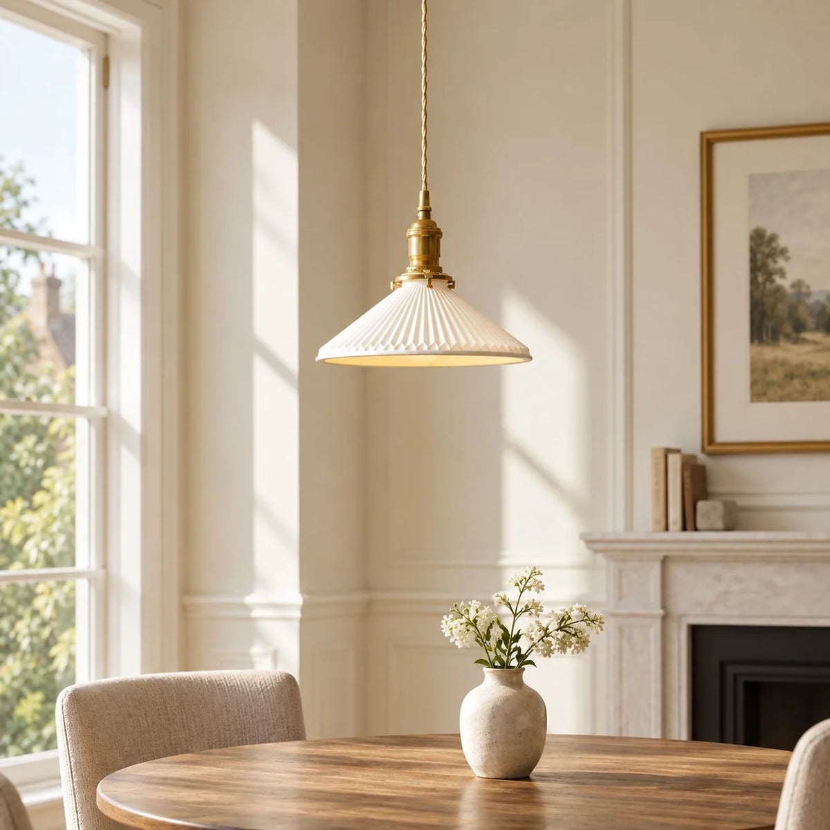 Vintage Brass Pleated Ceramic Pendant Light