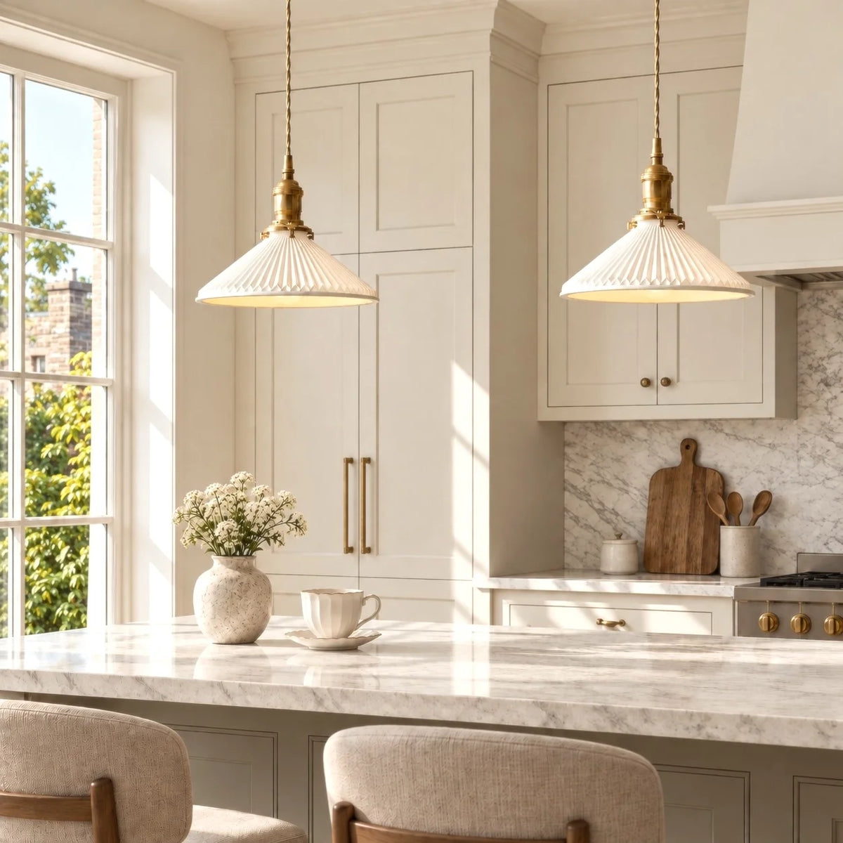 Vintage Brass Pleated Ceramic Pendant Light