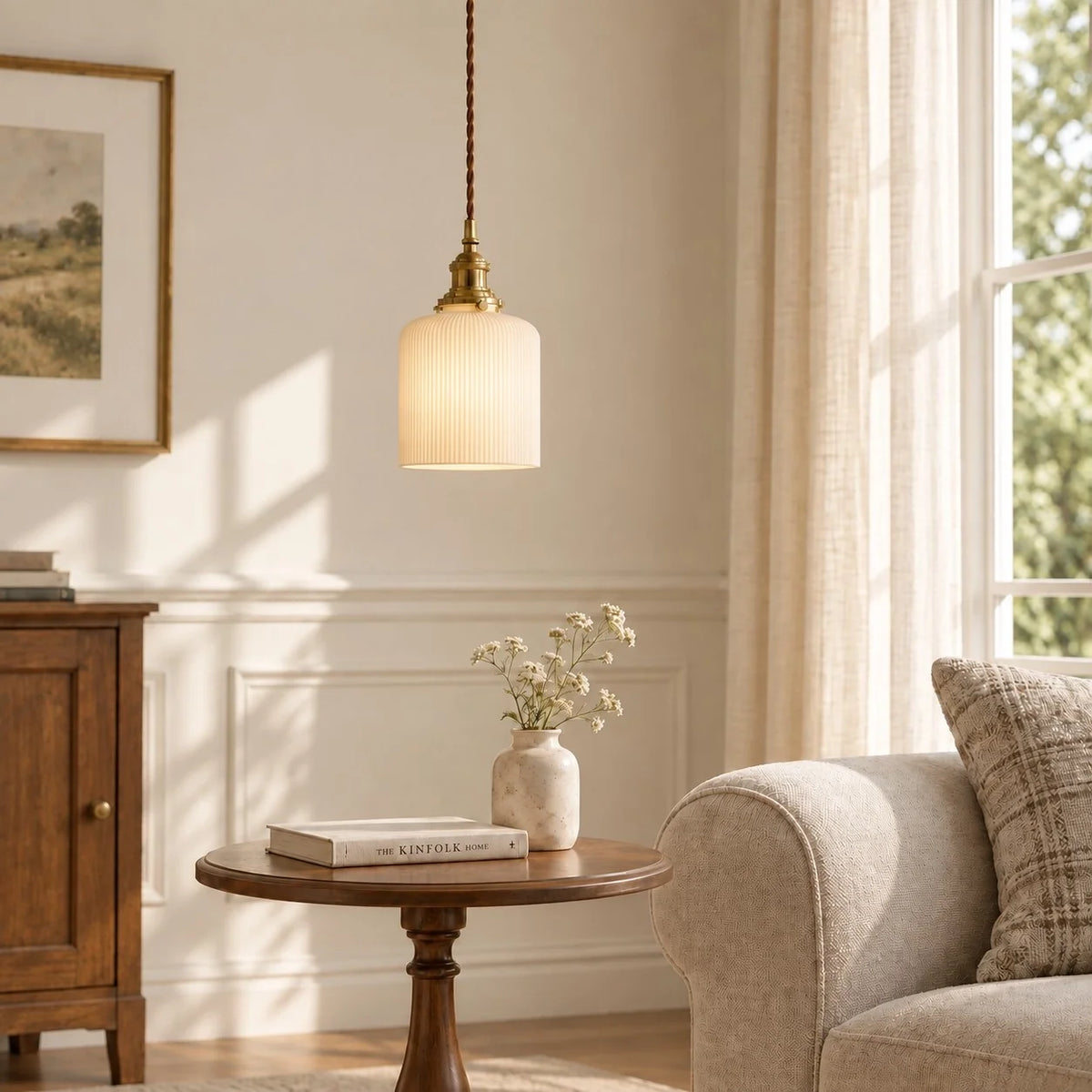 Vintage Brass Pleated Ceramic Pendant Light