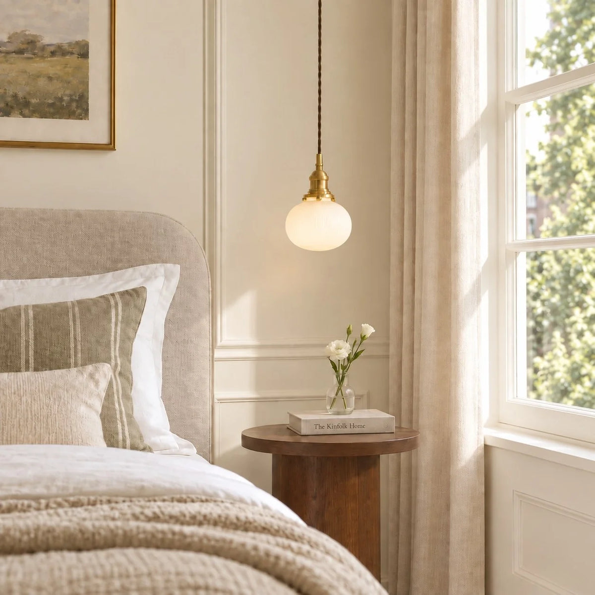 Vintage Brass Pleated Ceramic Pendant Light