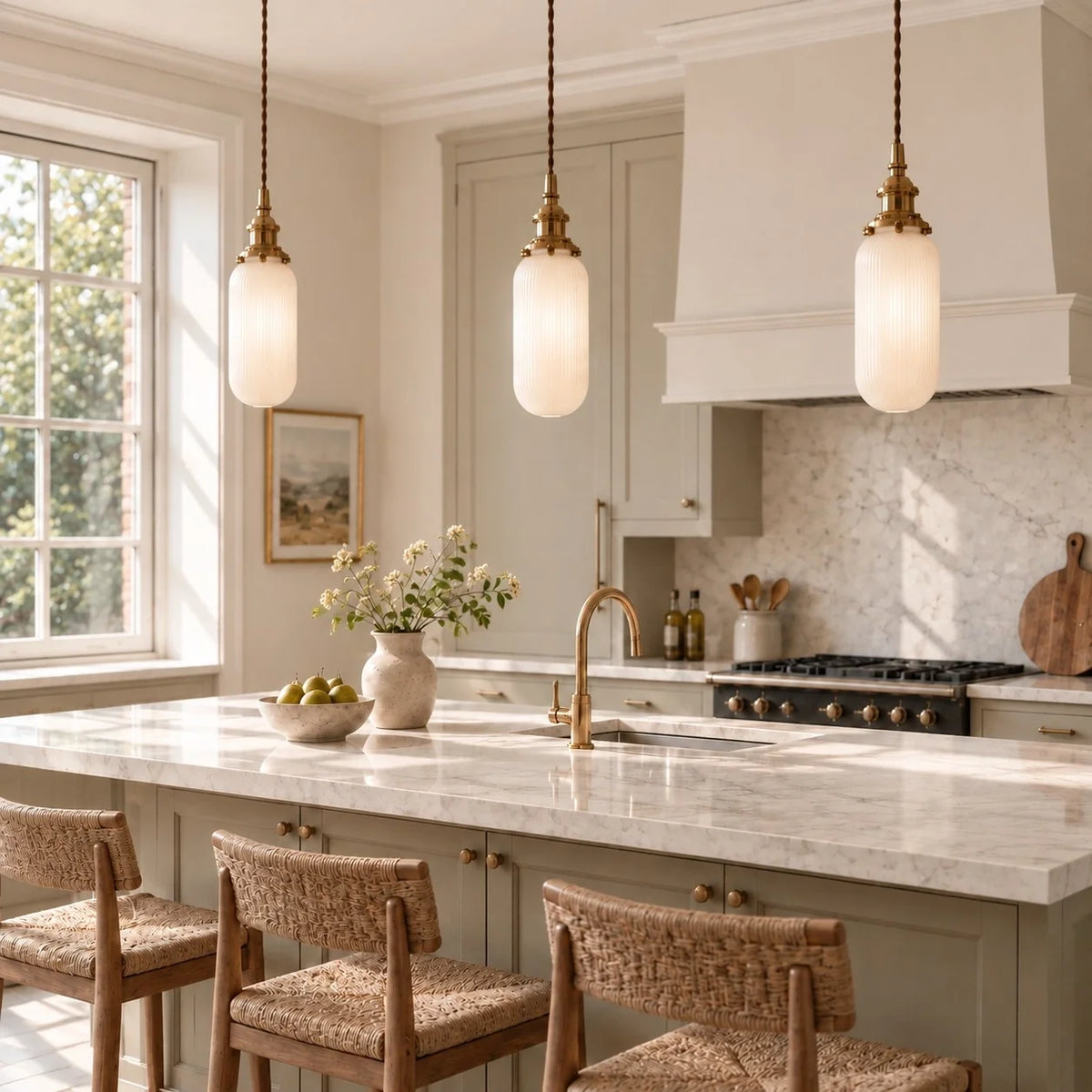 Vintage Brass Pleated Ceramic Pendant Light