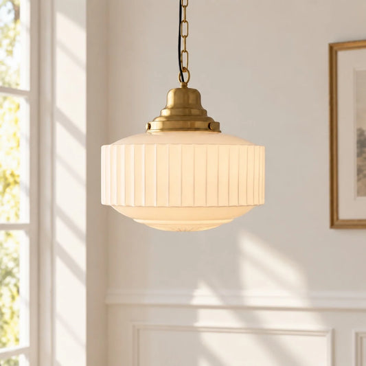 Vintage Brass Ribbed Glass Pendant Light