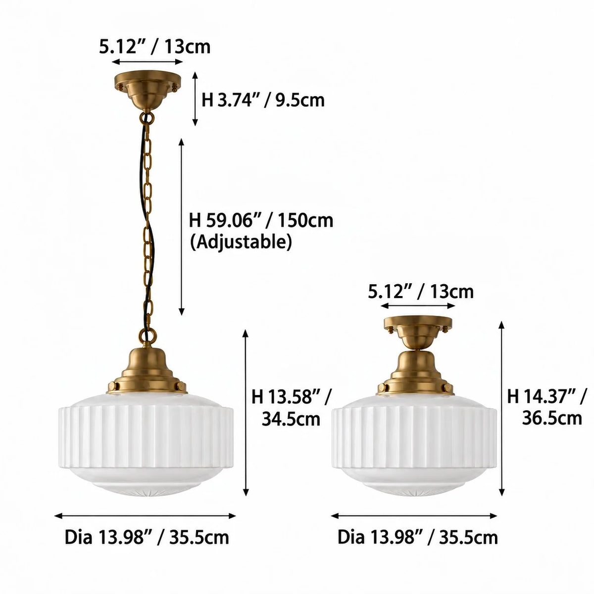 Vintage Brass Ribbed Glass Pendant Light