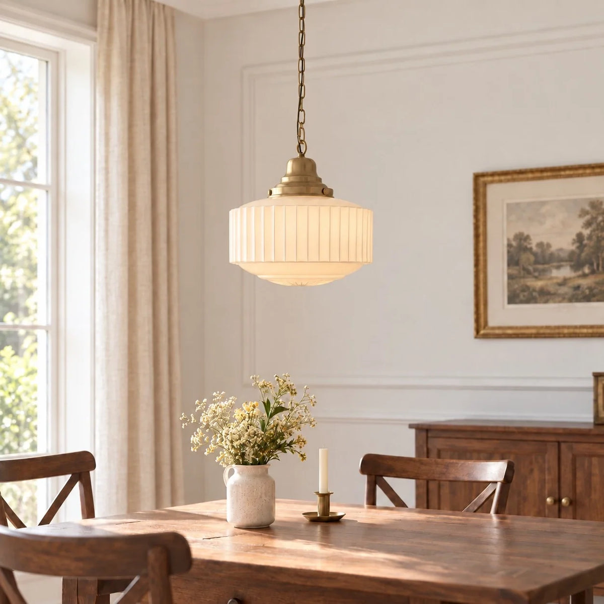 Vintage Brass Ribbed Glass Pendant Light