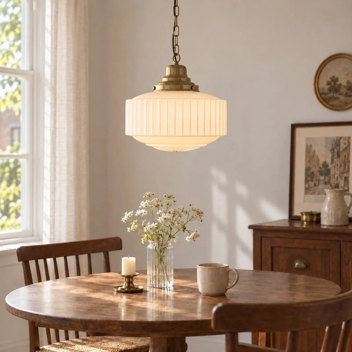Vintage Brass Ribbed Glass Pendant Light