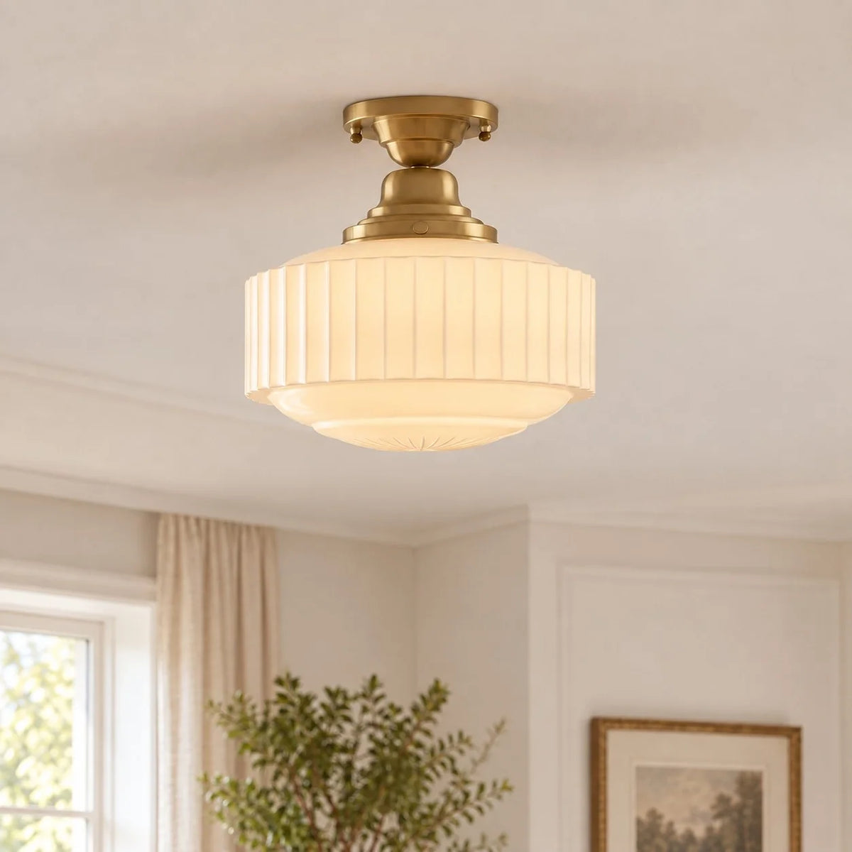 Vintage Brass Ribbed Glass Pendant Light