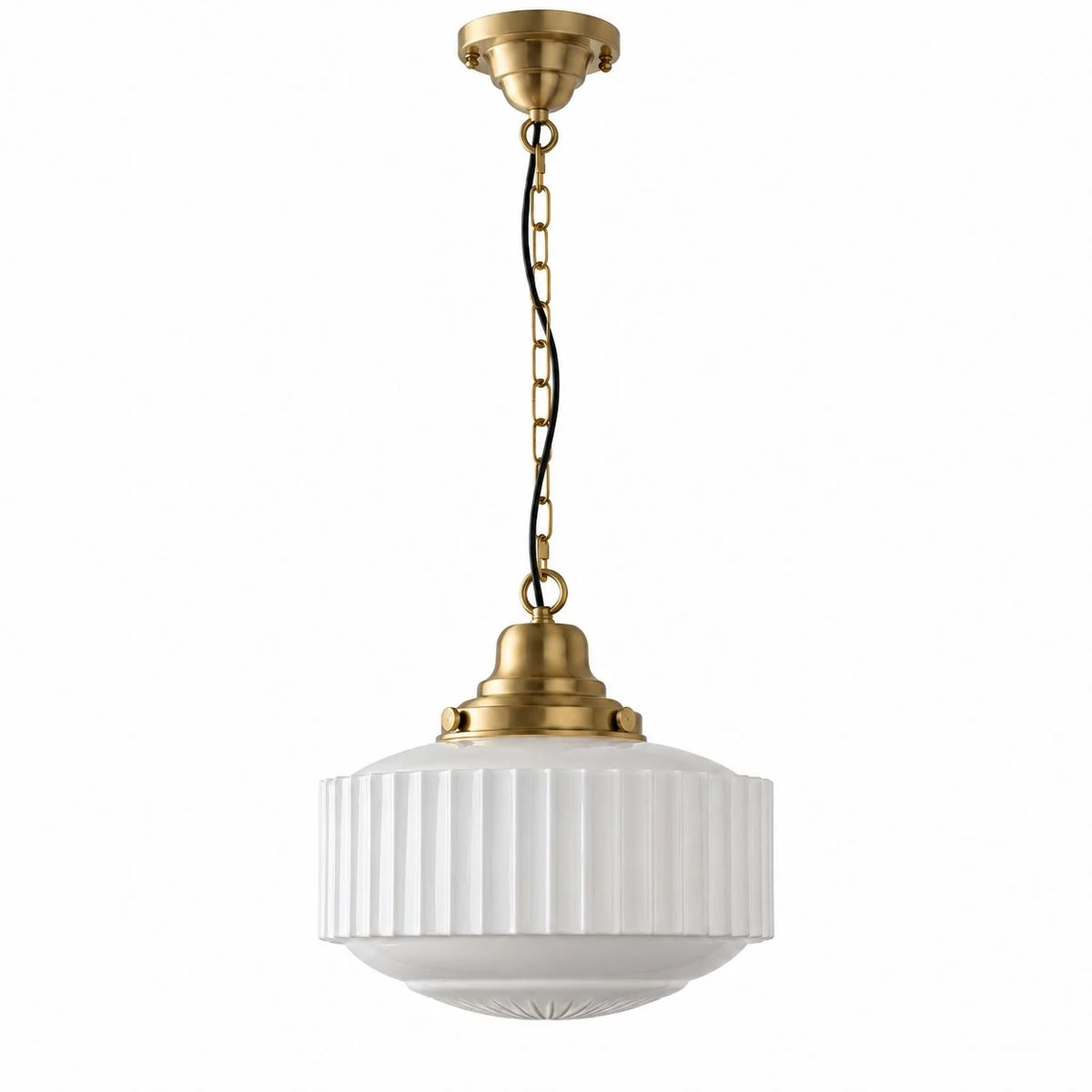 Vintage Brass Ribbed Glass Pendant Light