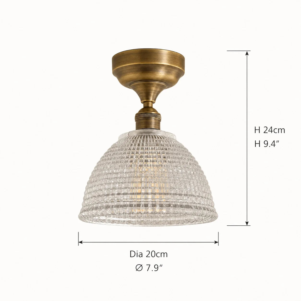 Vintage Brass Ribbed Glass Semi Flush Mount Ceiling Light