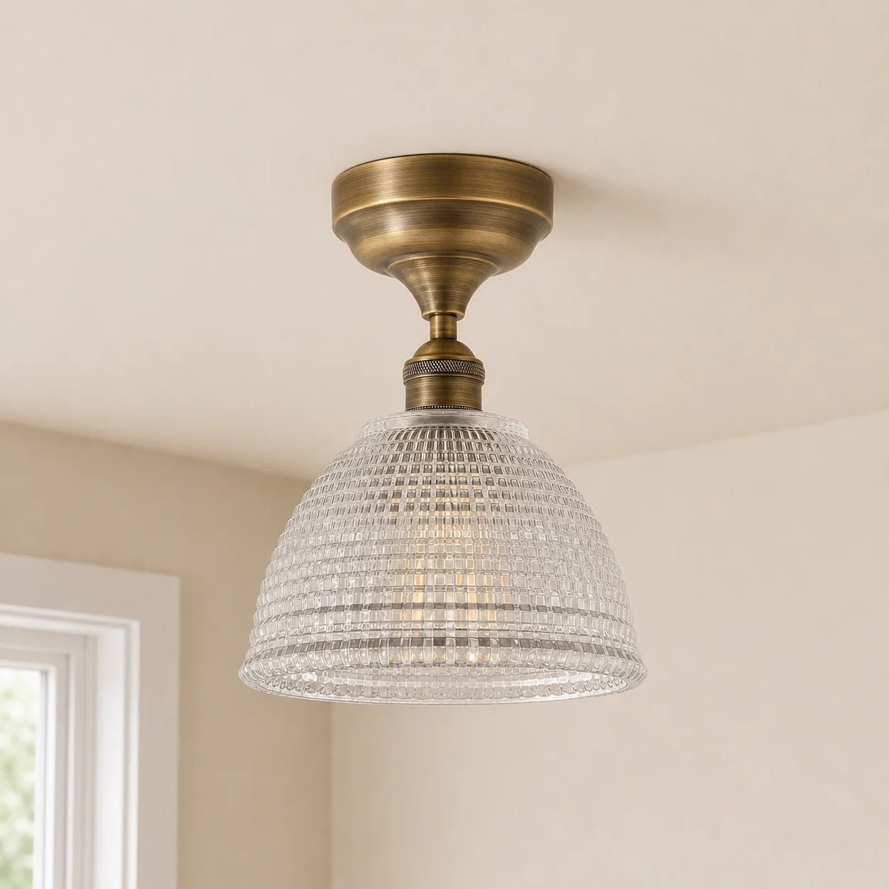 Vintage Brass Ribbed Glass Semi Flush Mount Ceiling Light