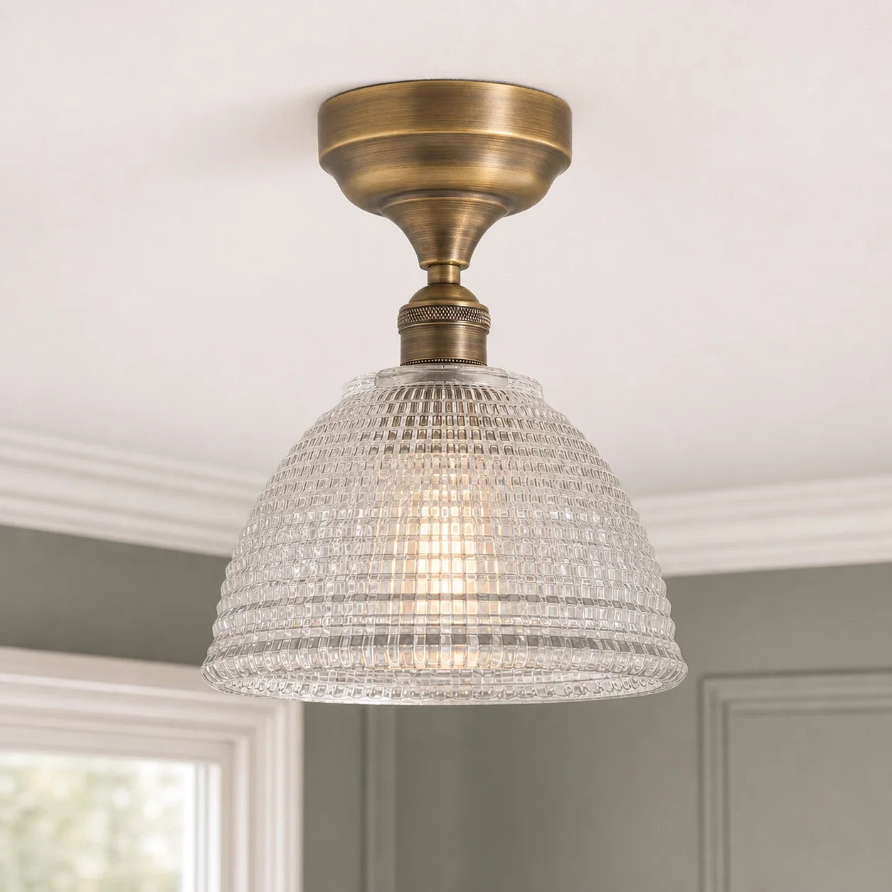 Vintage Brass Ribbed Glass Semi Flush Mount Ceiling Light