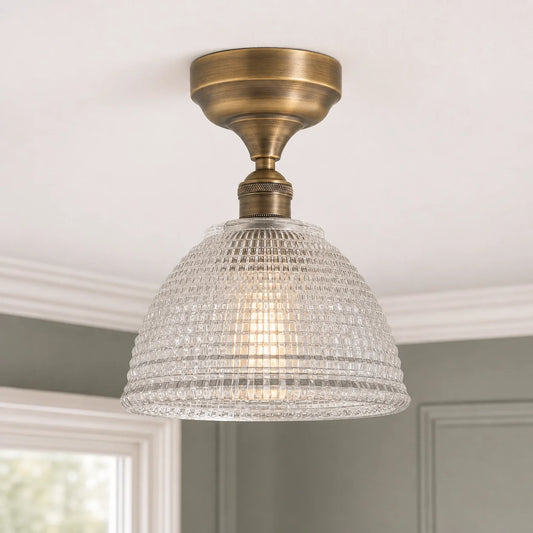 Vintage Brass Ribbed Glass Semi Flush Mount Ceiling Light - view 2