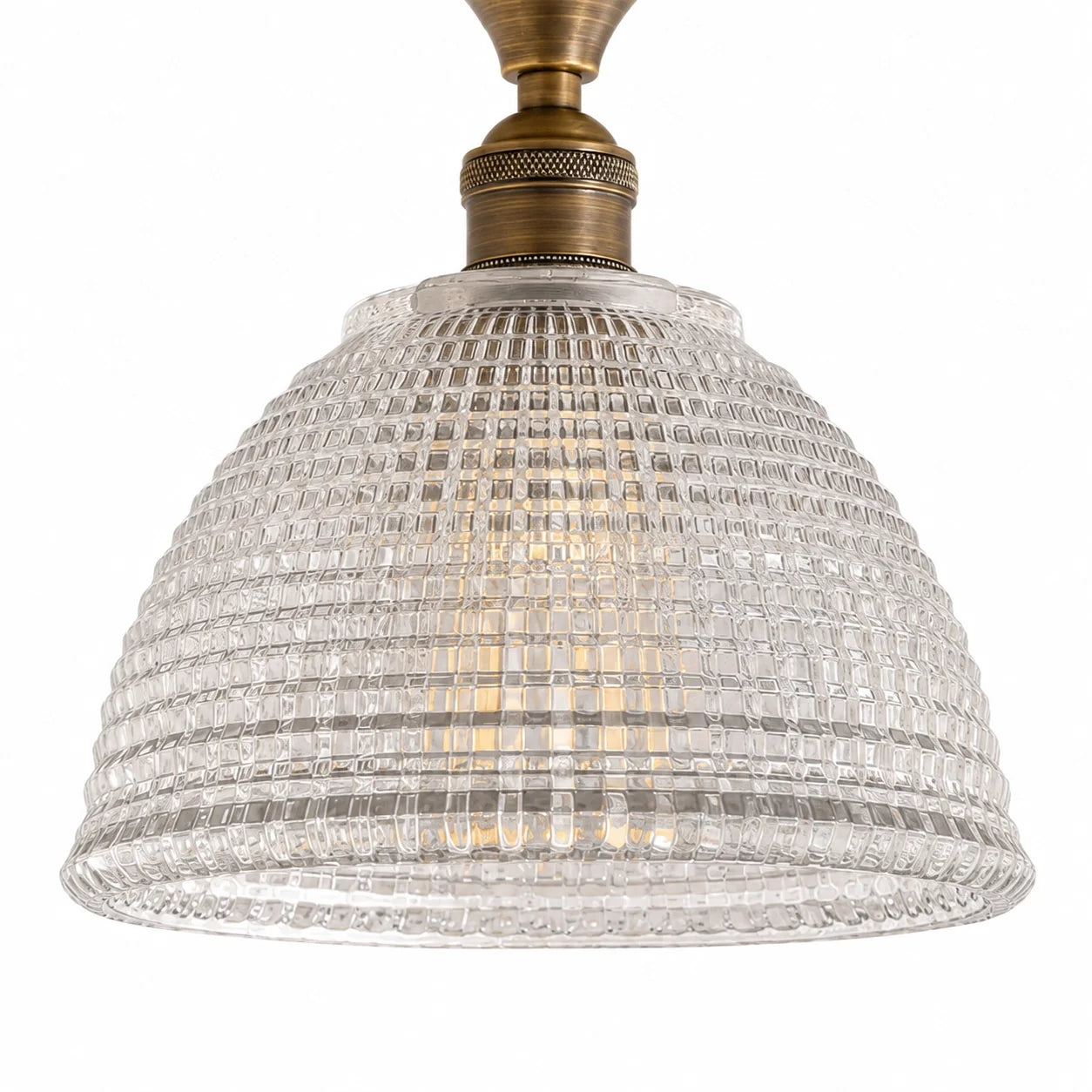 Vintage Brass Ribbed Glass Semi Flush Mount Ceiling Light