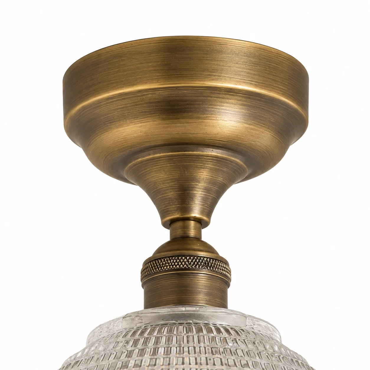 Vintage Brass Ribbed Glass Semi Flush Mount Ceiling Light