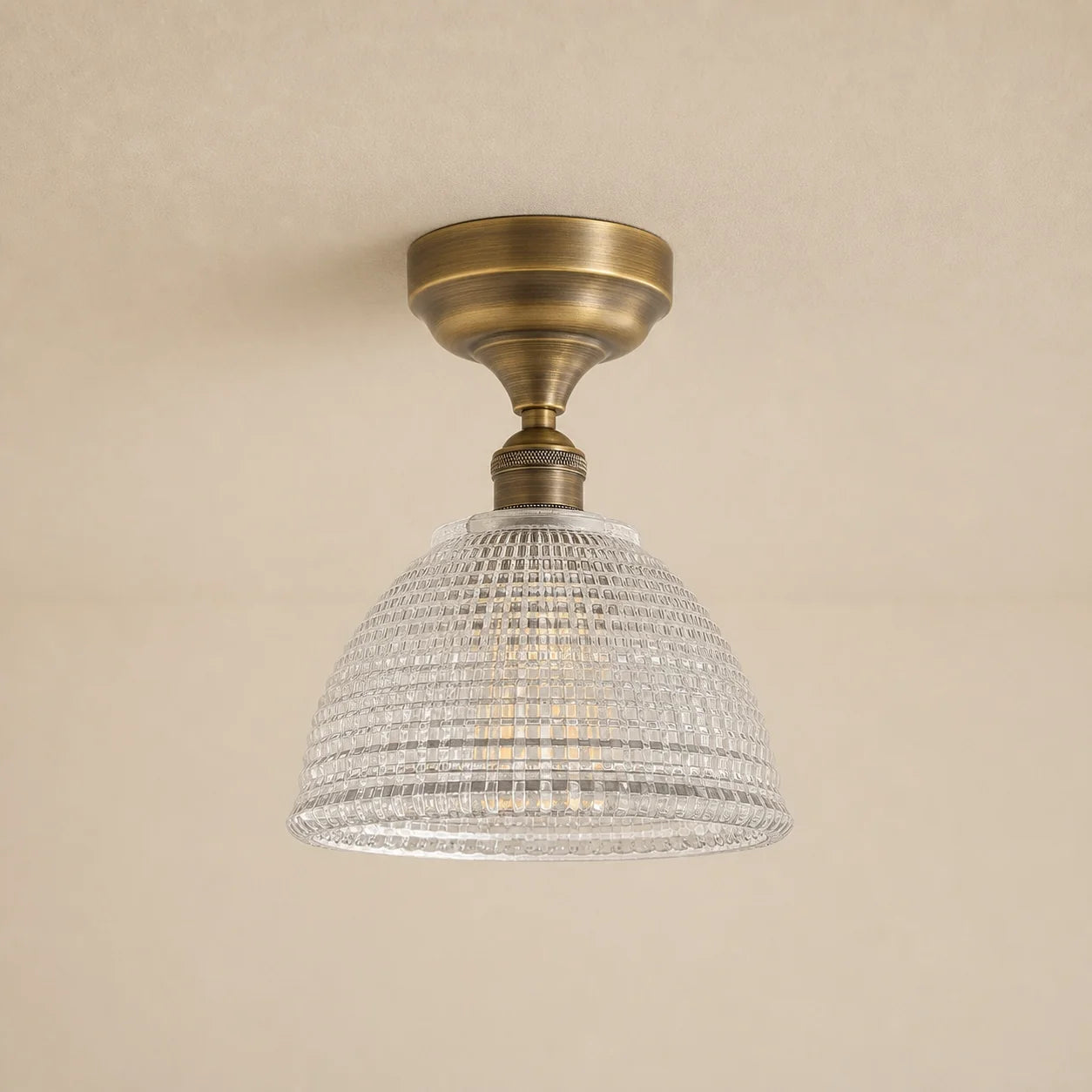Vintage Brass Ribbed Glass Semi Flush Mount Ceiling Light