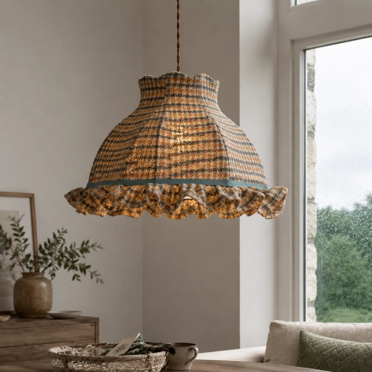 Vintage Cottage Checked Fabric Pendant Light