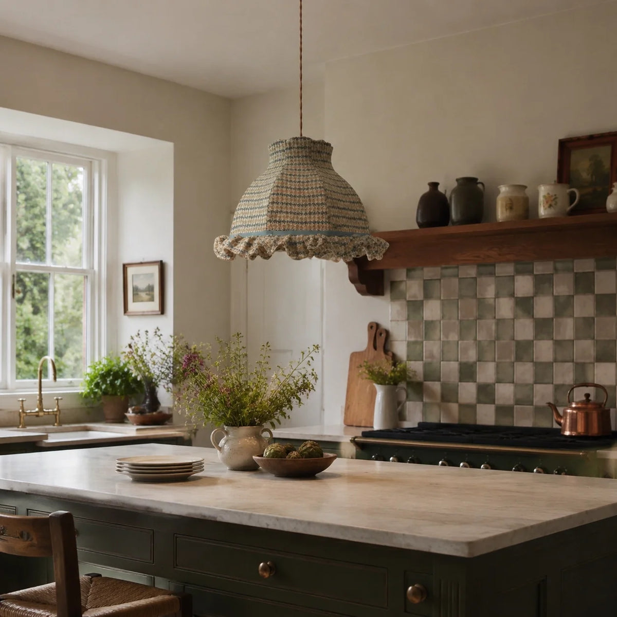 Vintage Cottage Checked Fabric Pendant Light