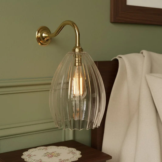 Vintage Curved Arm Ribbed clear Glass Wall Light