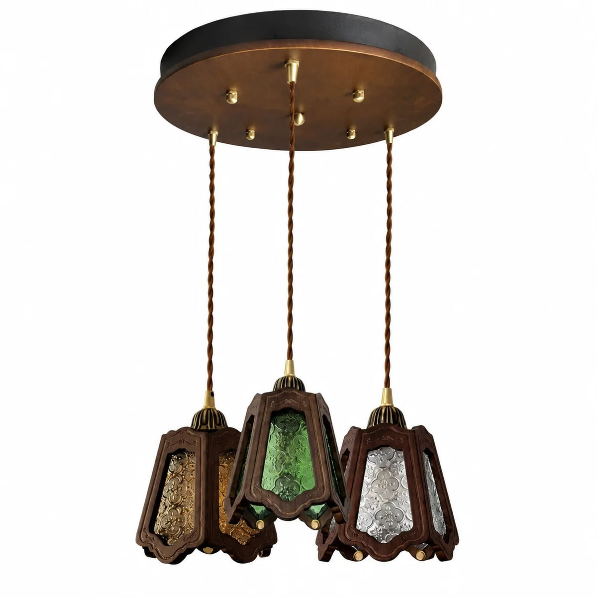 Vintage Embossed Glass Carved Wood Lantern Pendant Light