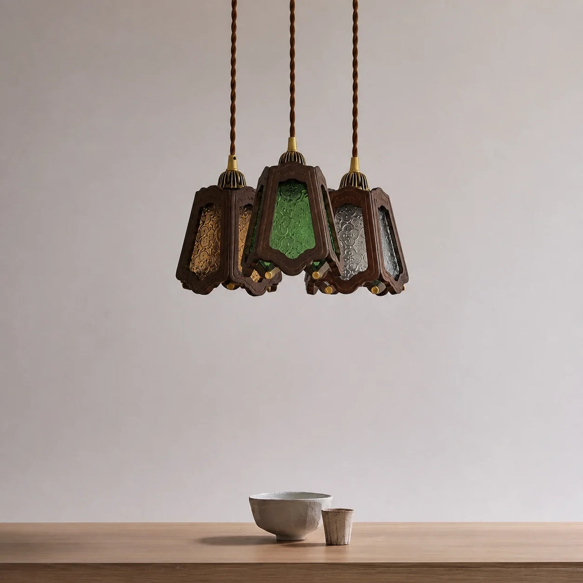 Vintage Embossed Glass Carved Wood Lantern Pendant Light
