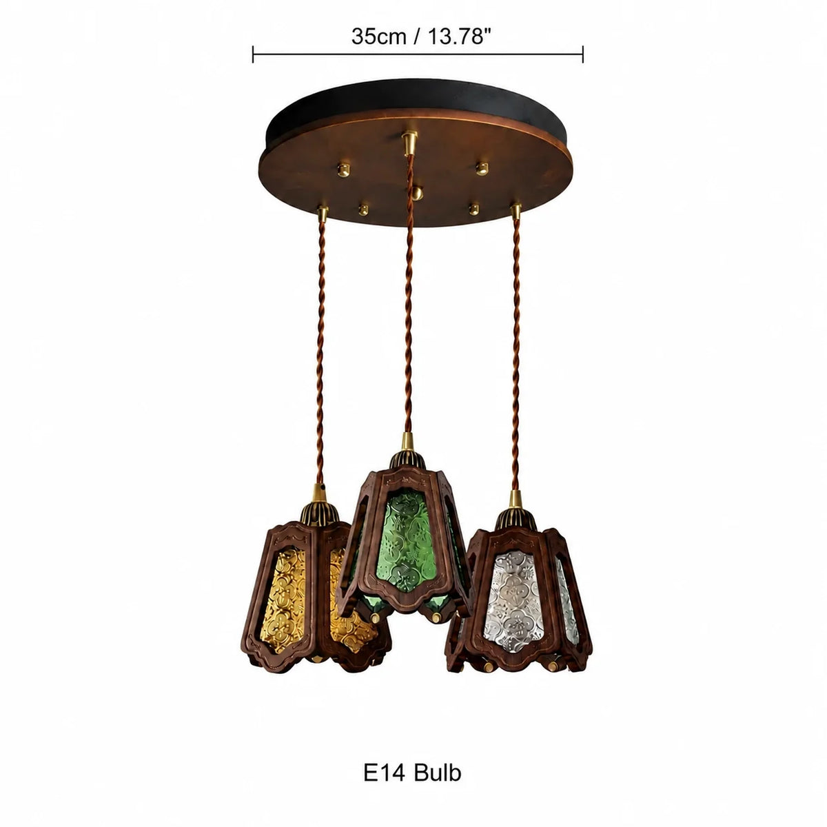 Vintage Embossed Glass Carved Wood Lantern Pendant Light