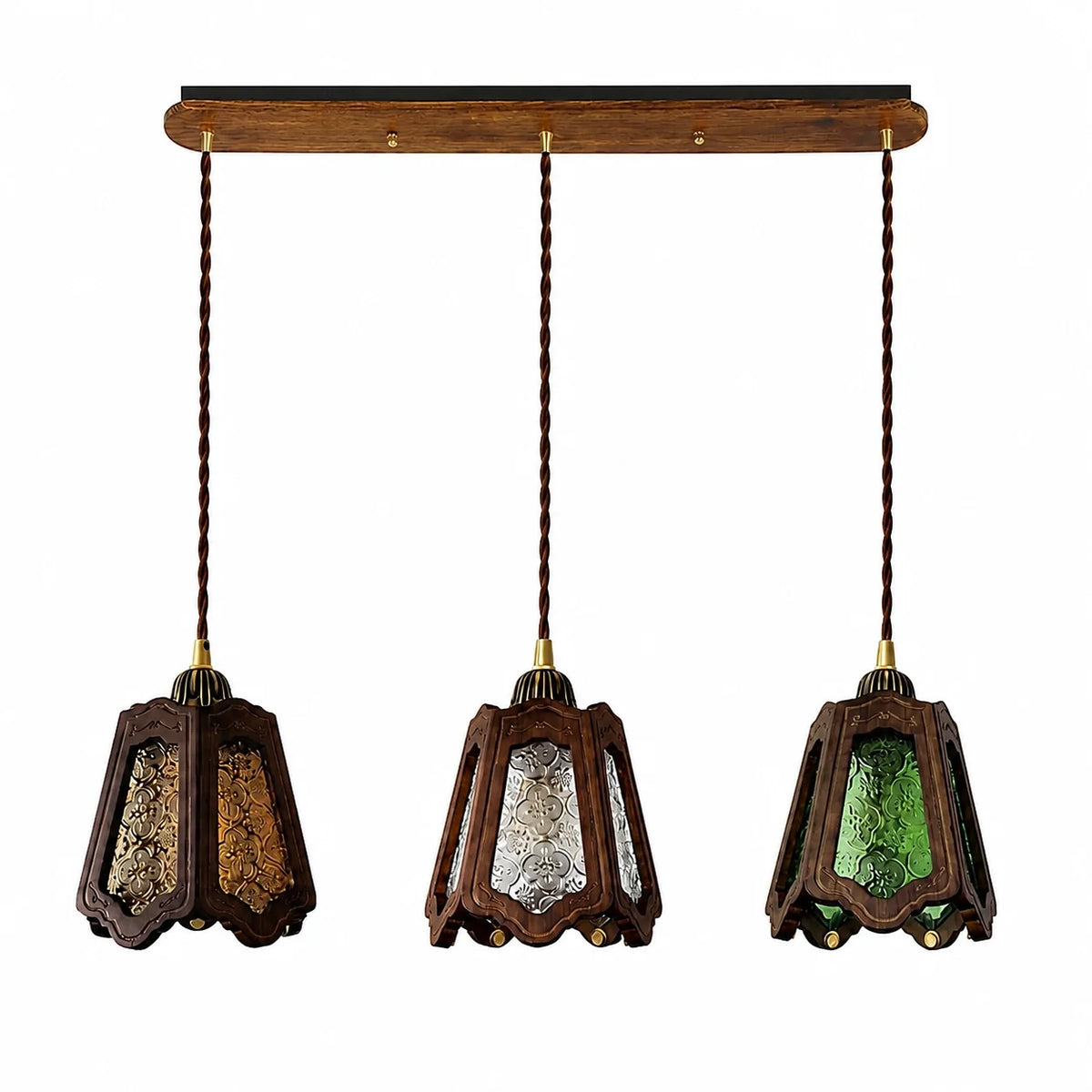Vintage Embossed Glass Carved Wood Lantern Pendant Light