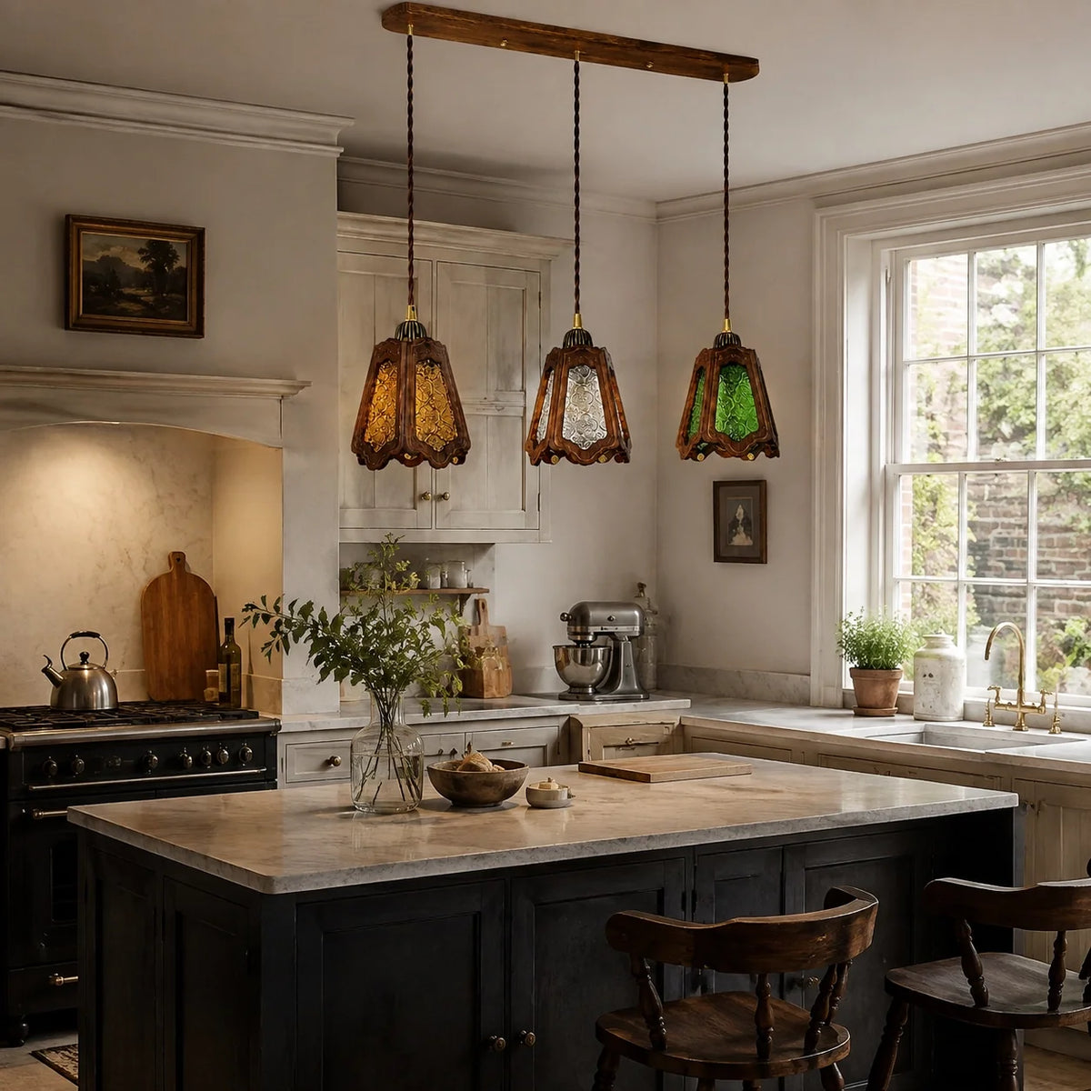 Vintage Embossed Glass Carved Wood Lantern Pendant Light