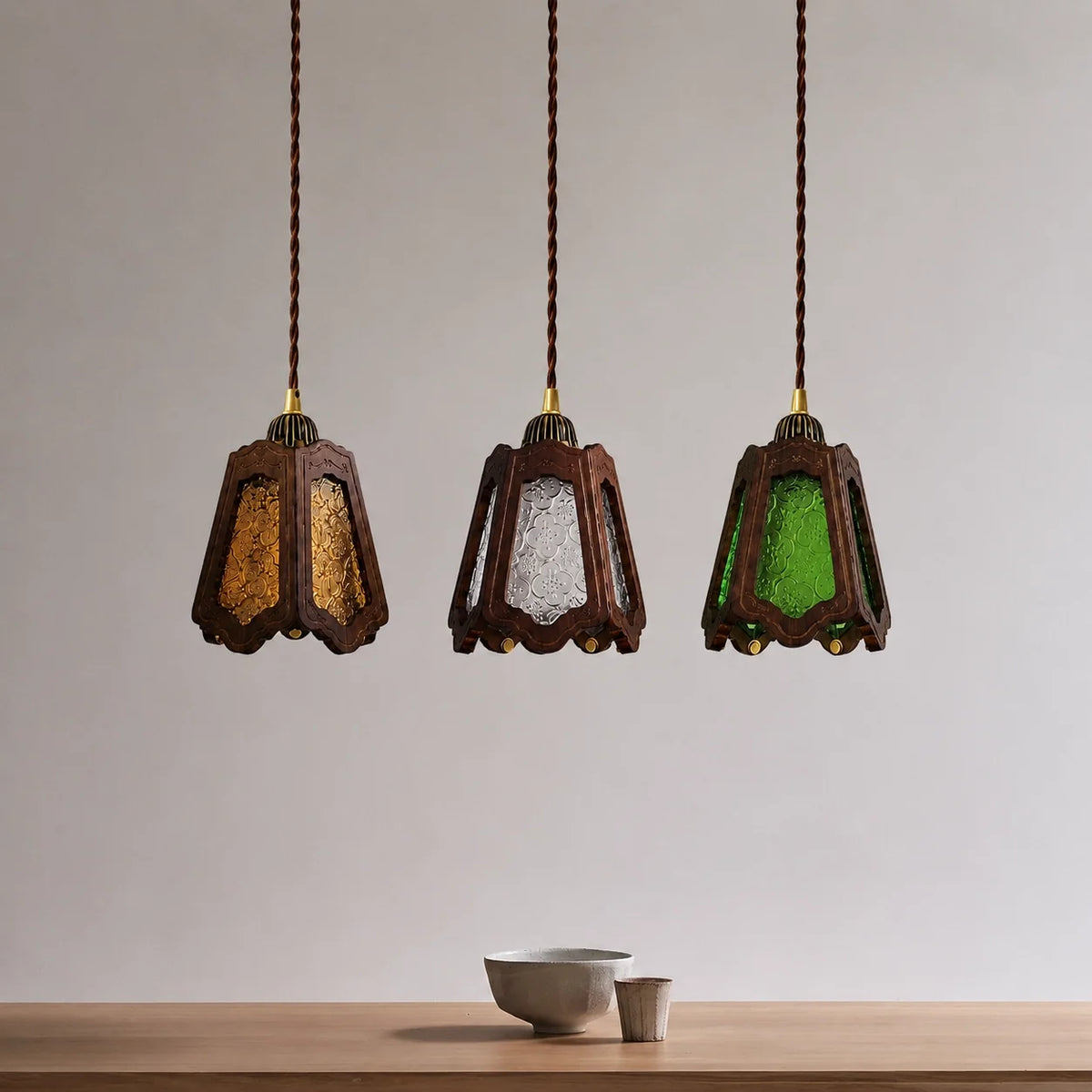 Vintage Embossed Glass Carved Wood Lantern Pendant Light