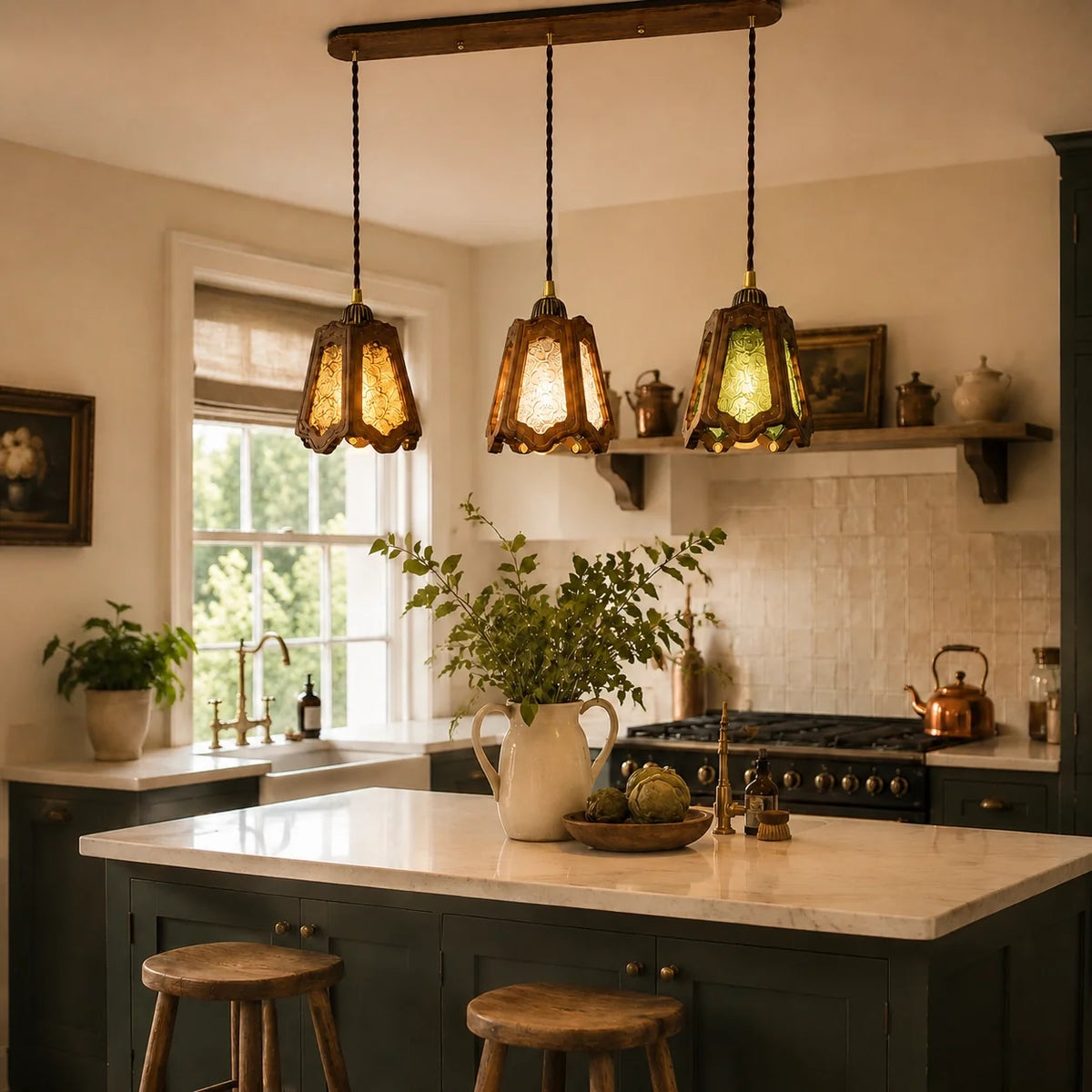 Vintage Embossed Glass Carved Wood Lantern Pendant Light