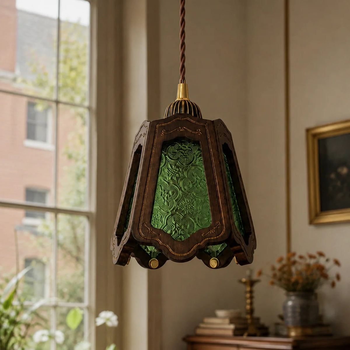 Vintage Embossed Glass Carved Wood Lantern Pendant Light