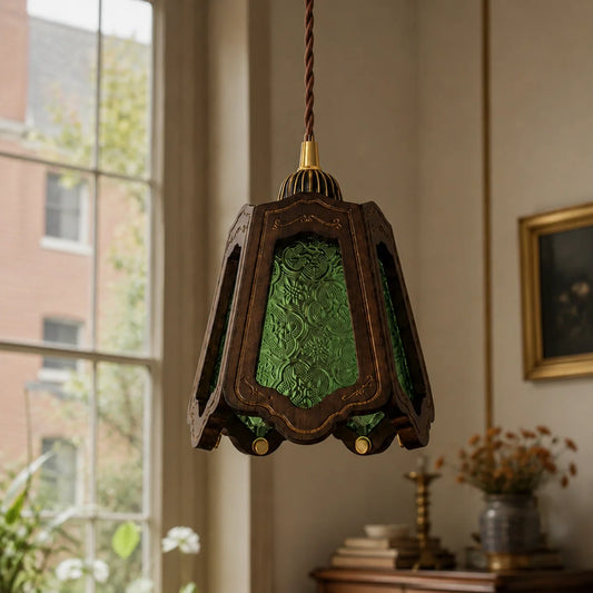 Vintage Embossed Glass Carved Wood Lantern Pendant Light