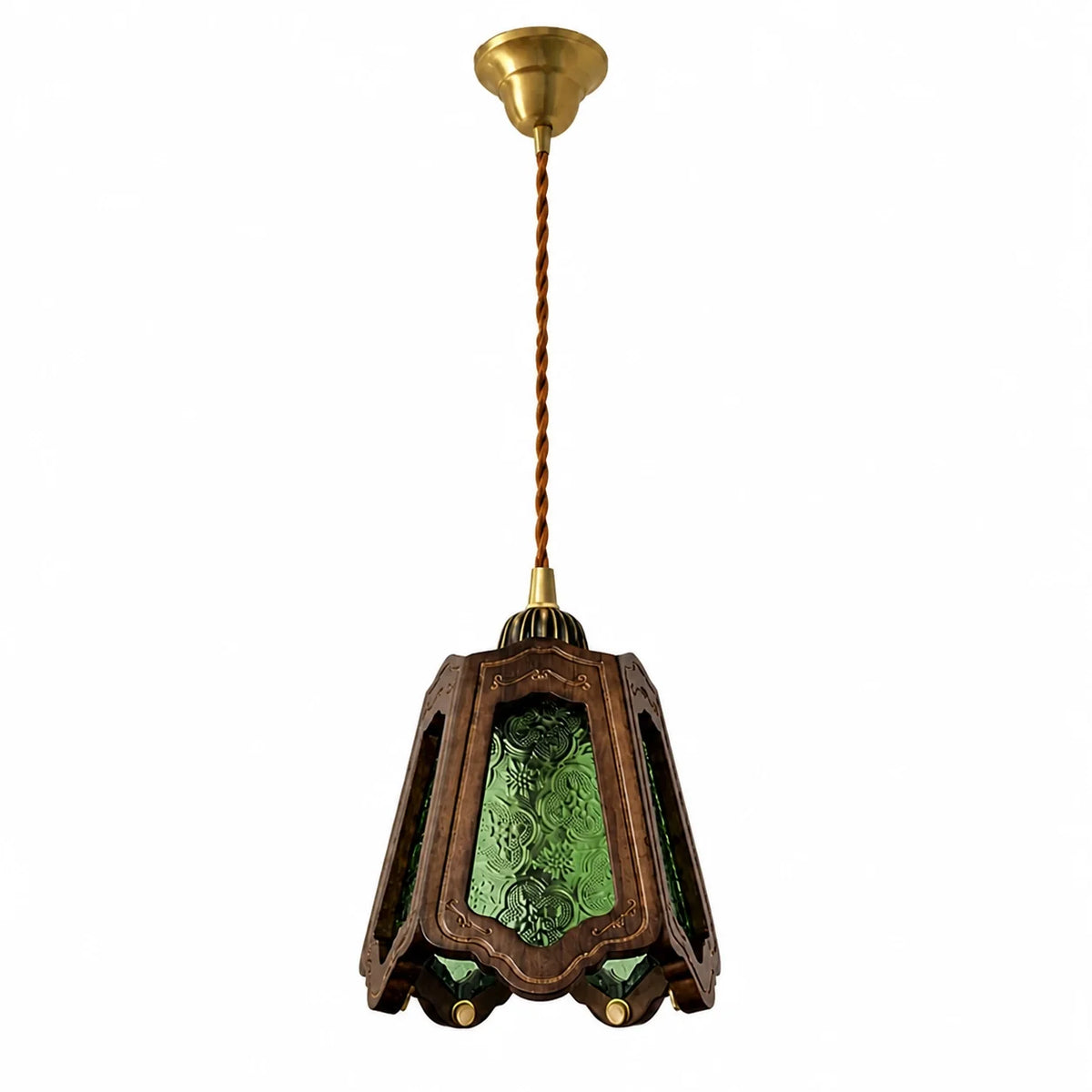 Vintage Embossed Glass Carved Wood Lantern Pendant Light