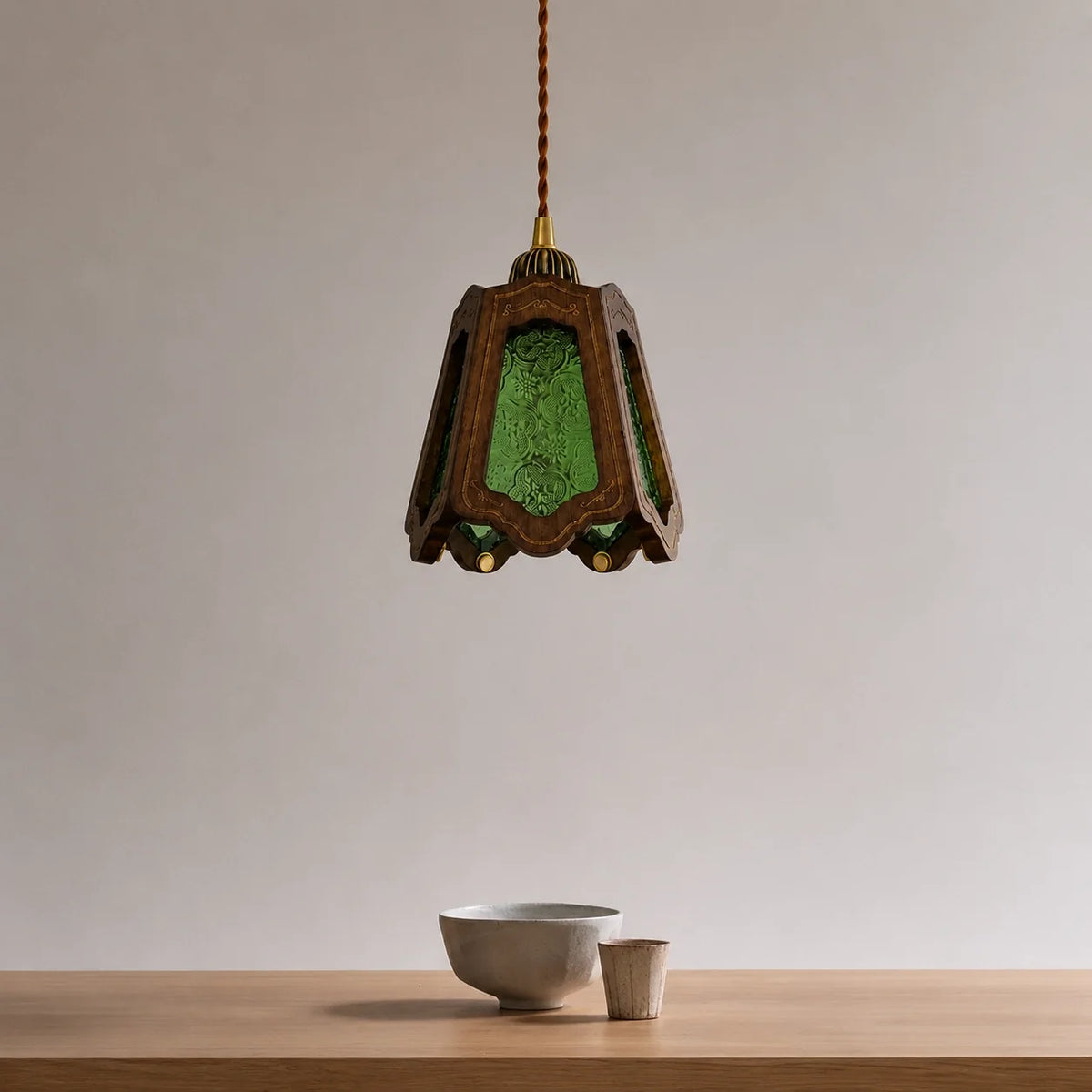 Vintage Embossed Glass Carved Wood Lantern Pendant Light