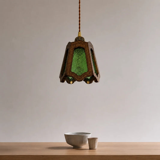 Vintage Embossed Glass Carved Wood Lantern Pendant Light