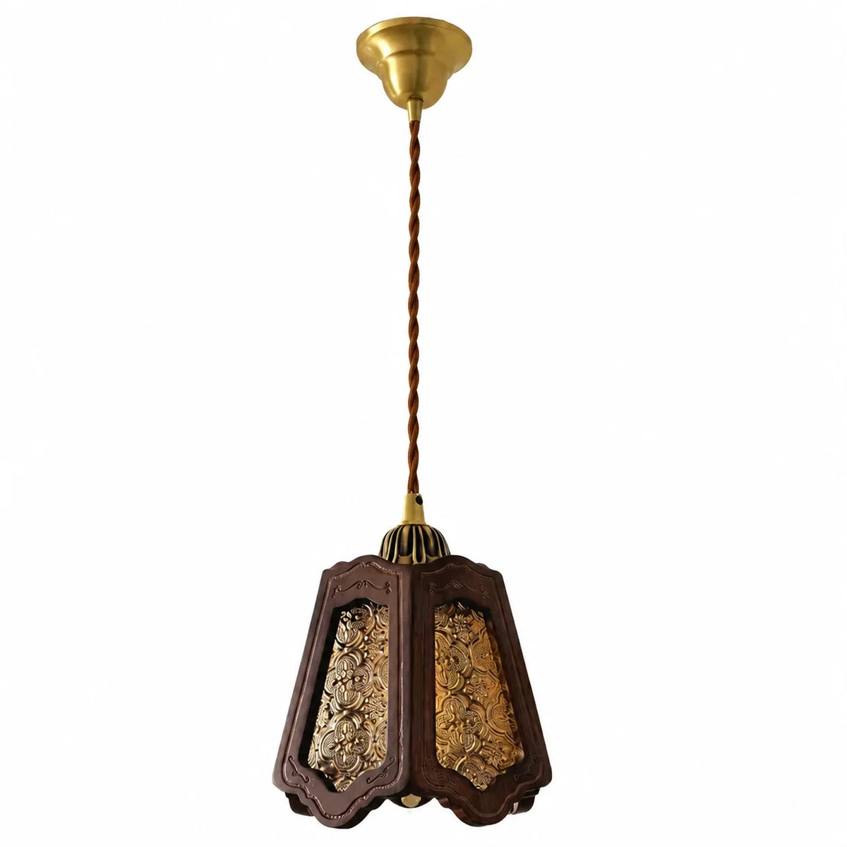 Vintage Embossed Glass Carved Wood Lantern Pendant Light