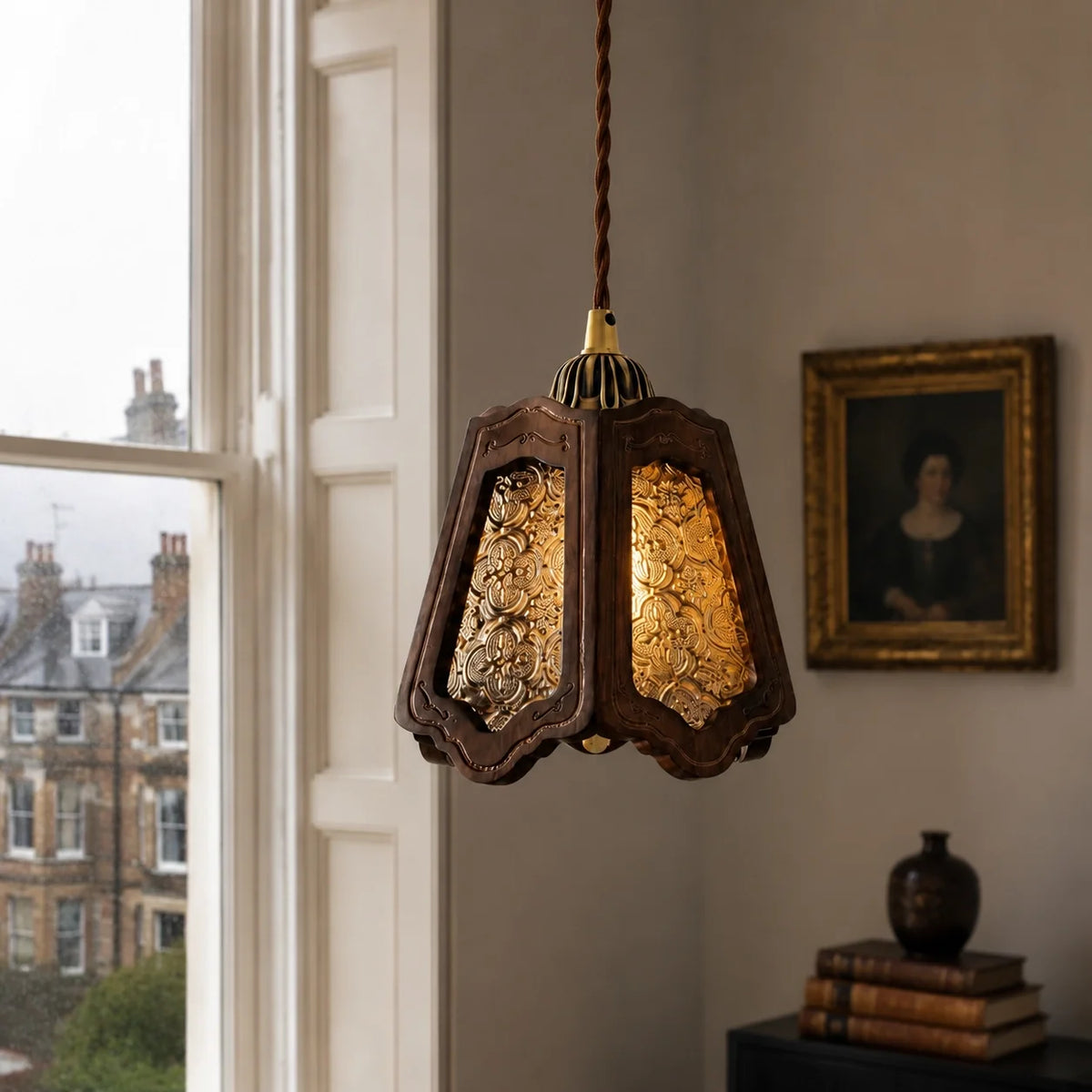 Vintage Embossed Glass Carved Wood Lantern Pendant Light
