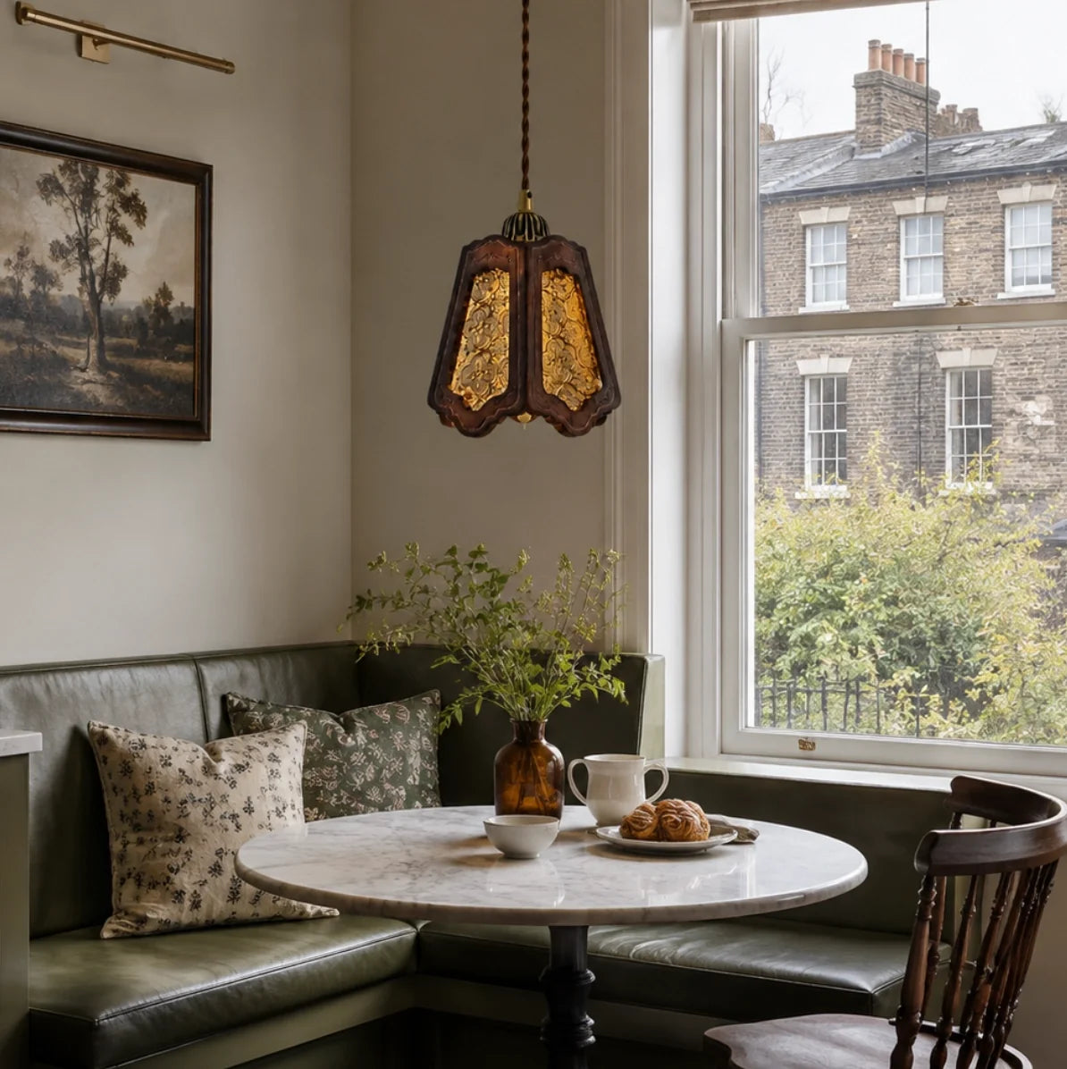 Vintage Embossed Glass Carved Wood Lantern Pendant Light