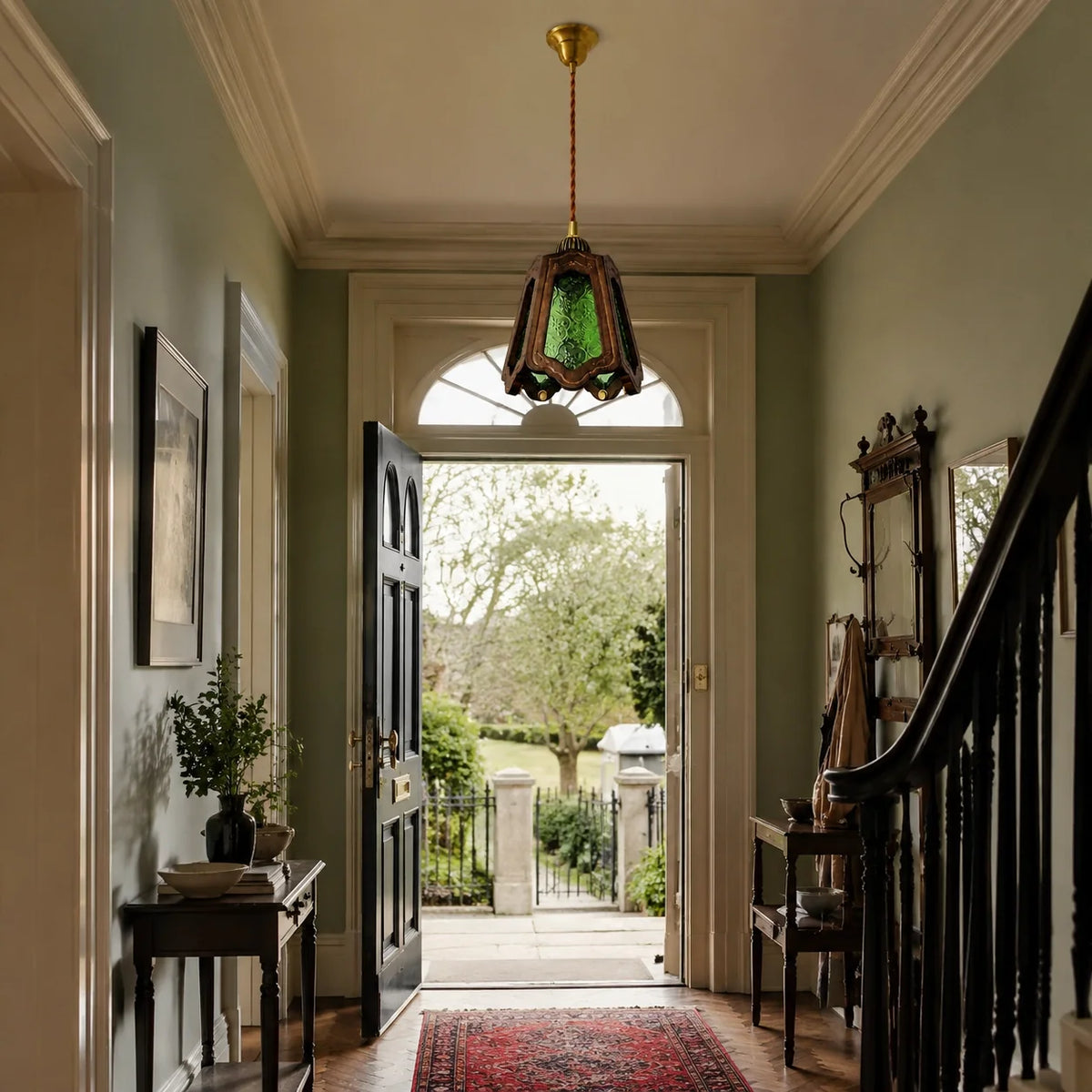 Vintage Embossed Glass Carved Wood Lantern Pendant Light