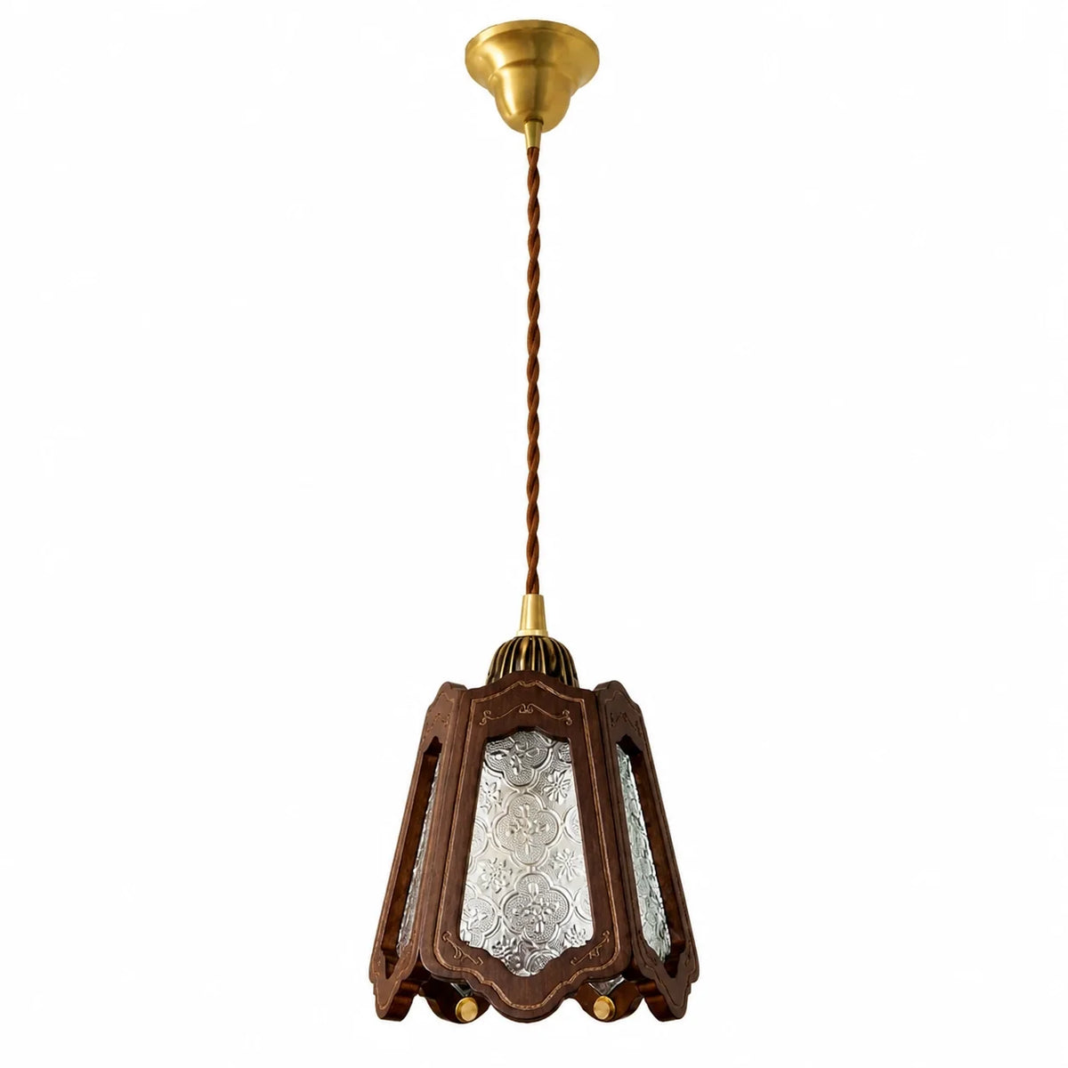 Vintage Embossed Glass Carved Wood Lantern Pendant Light