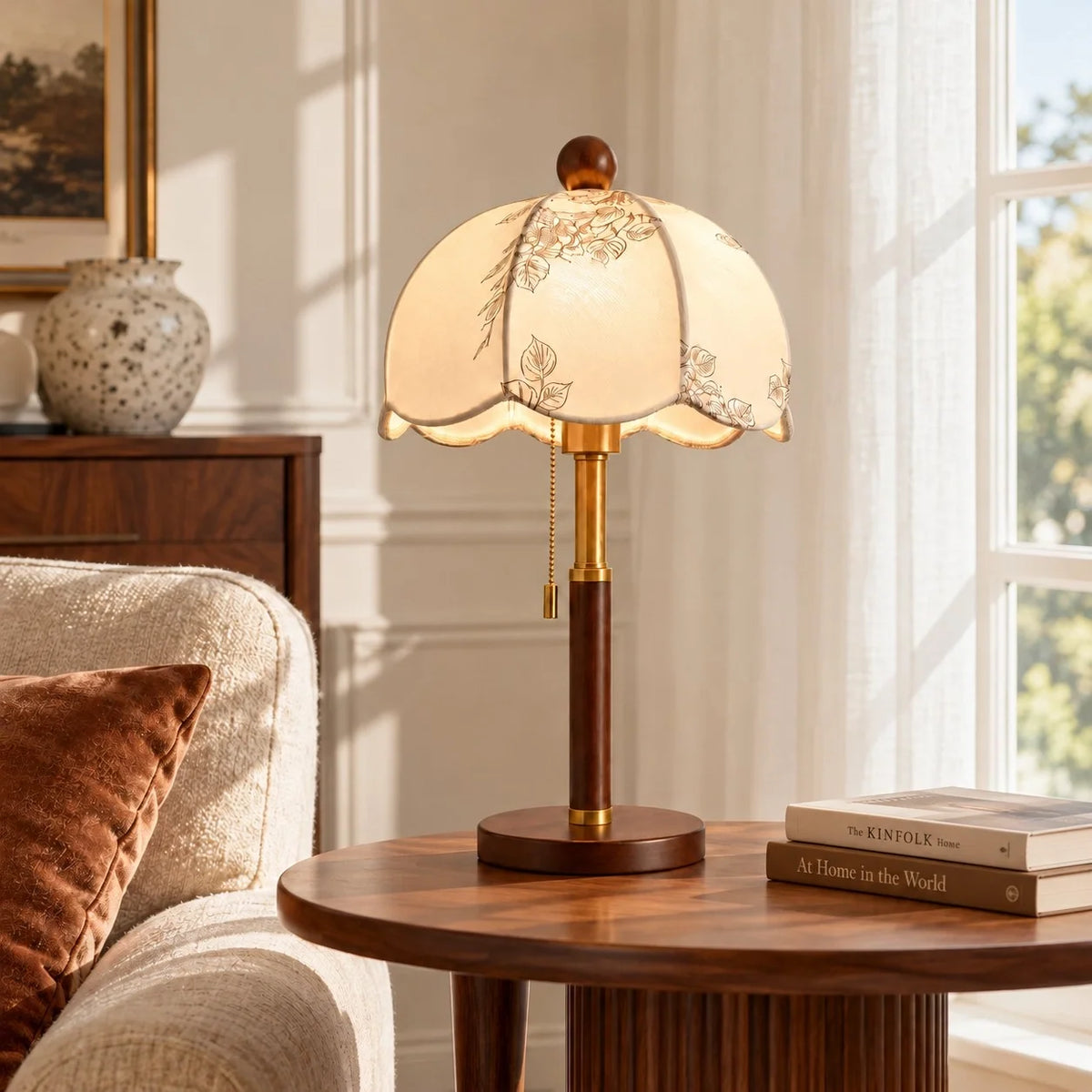 Vintage Fabric Table Lamp with Wooden Base