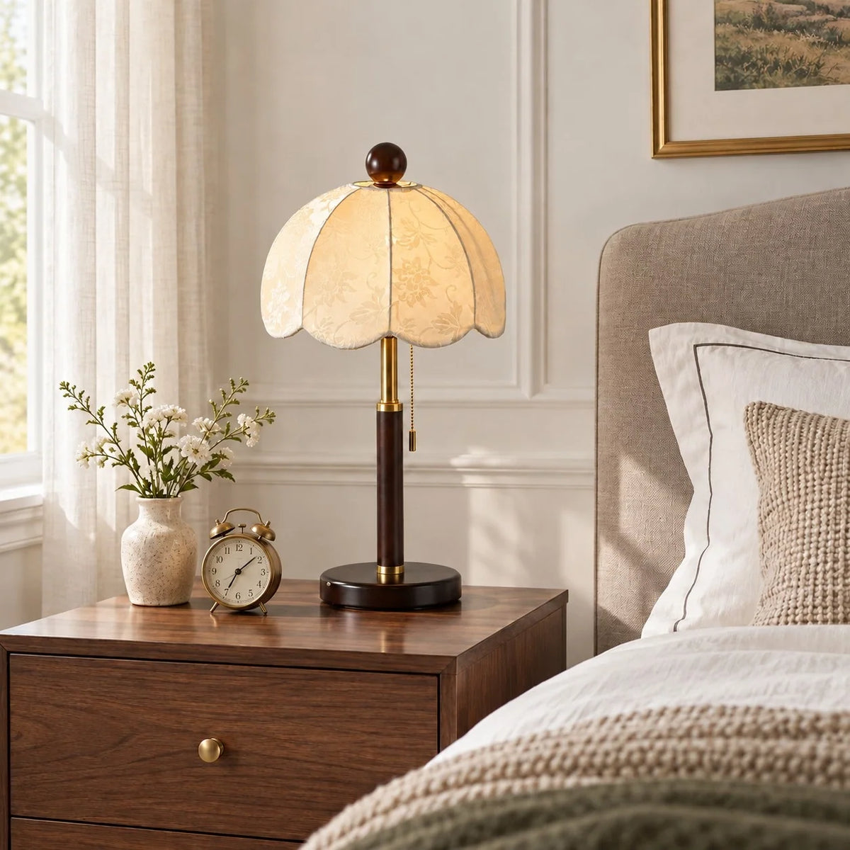 Vintage Fabric Table Lamp with Wooden Base