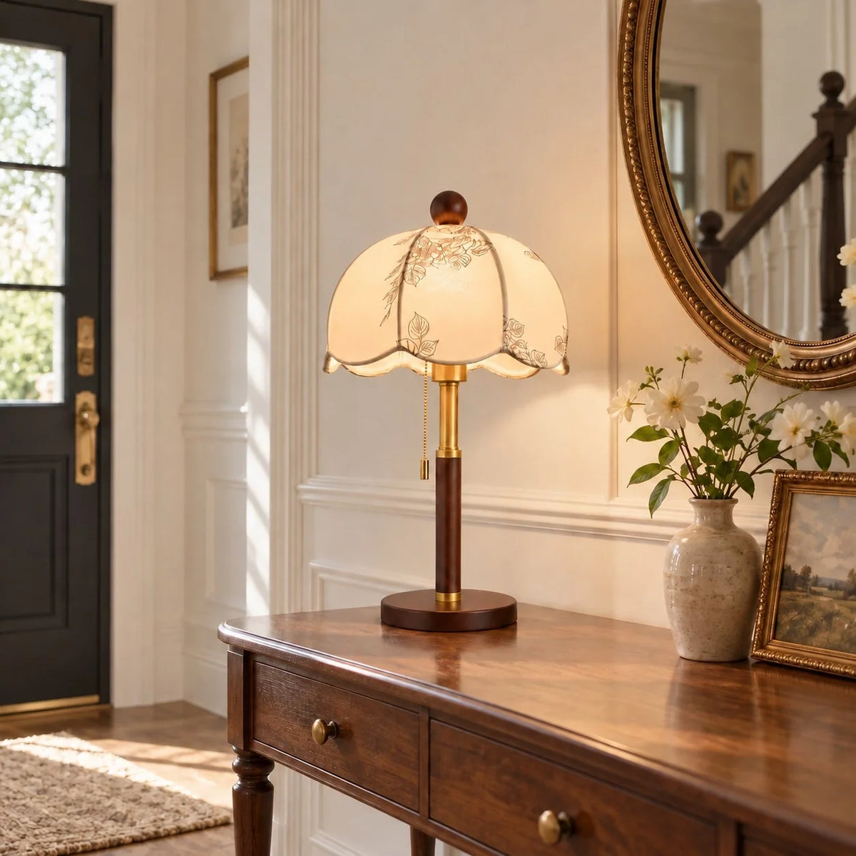 Vintage Fabric Table Lamp with Wooden Base