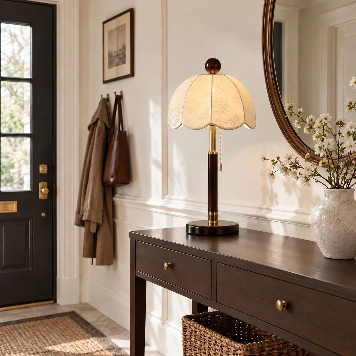 Vintage Fabric Table Lamp with Wooden Base