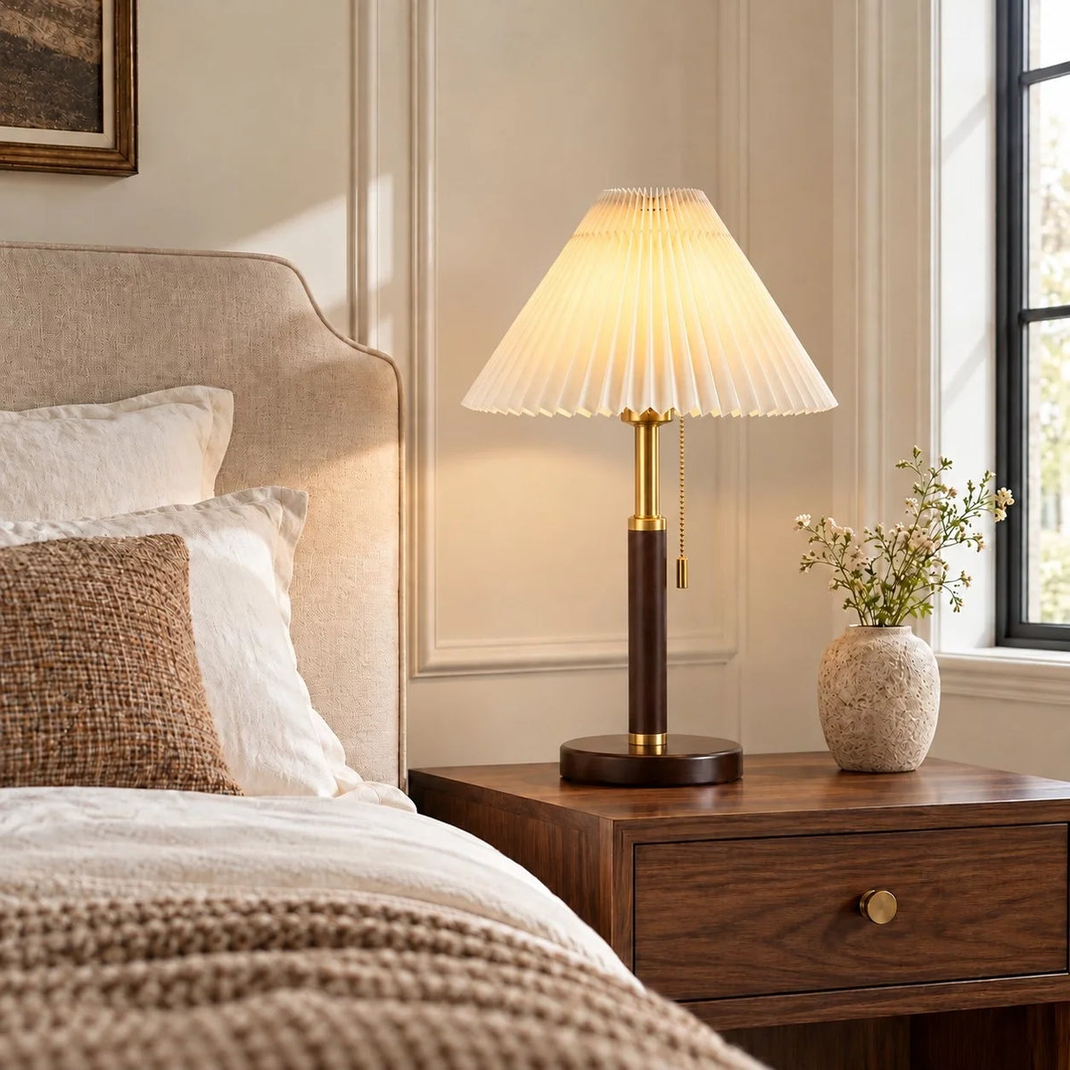 Vintage Fabric Table Lamp with Wooden Base