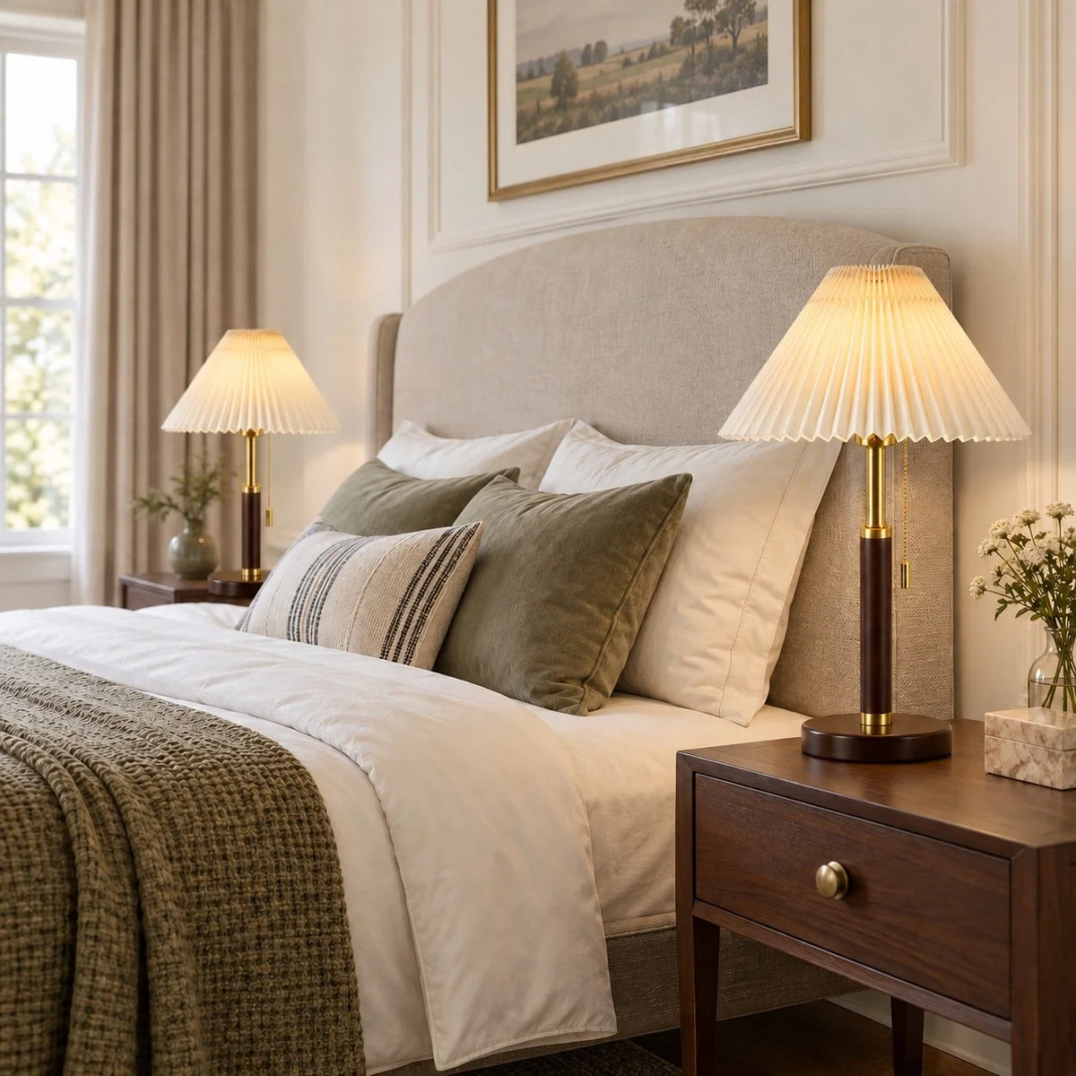 Vintage Fabric Table Lamp with Wooden Base
