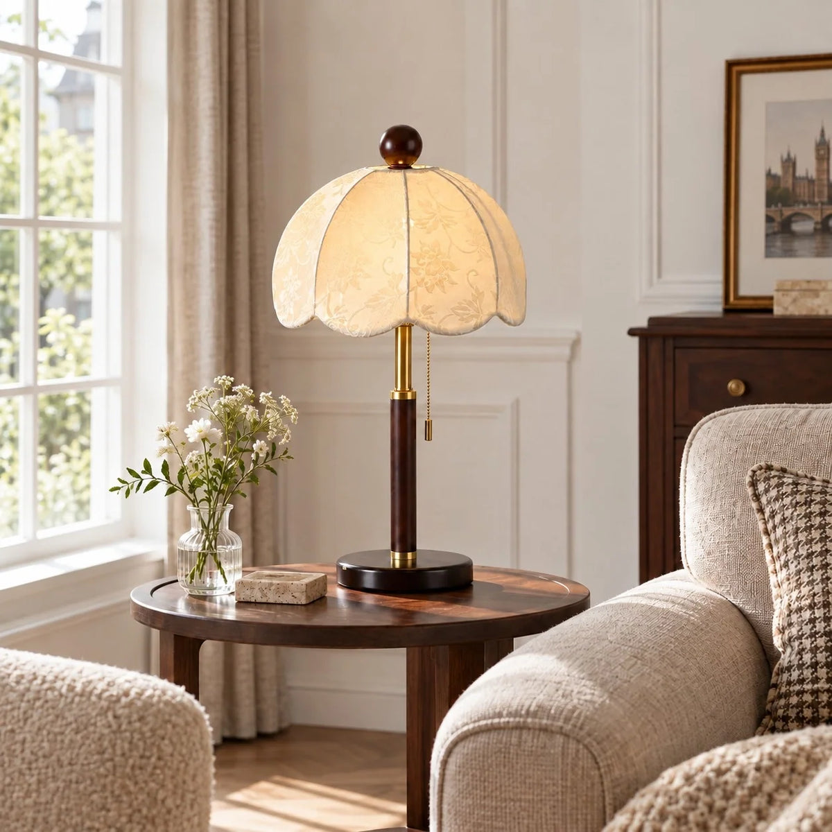Vintage Fabric Table Lamp with Wooden Base