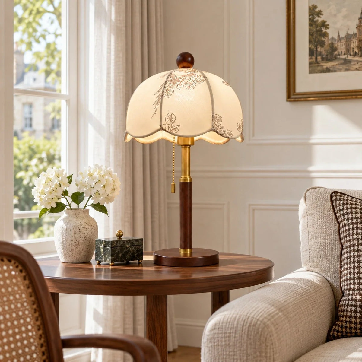 Vintage Fabric Table Lamp with Wooden Base